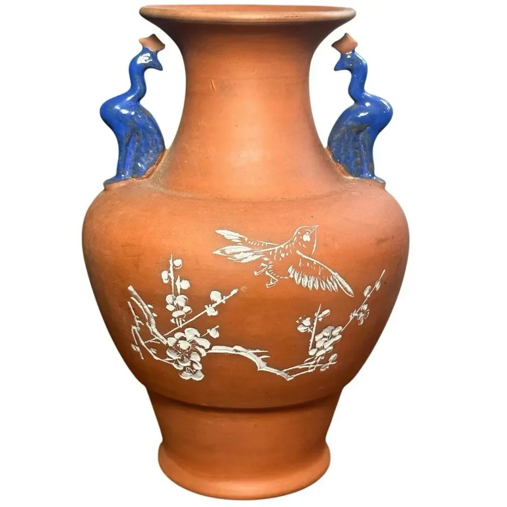 Vintage Chinese Yixing Redware Etched Bird Vase Blue Peacock Handles As Is